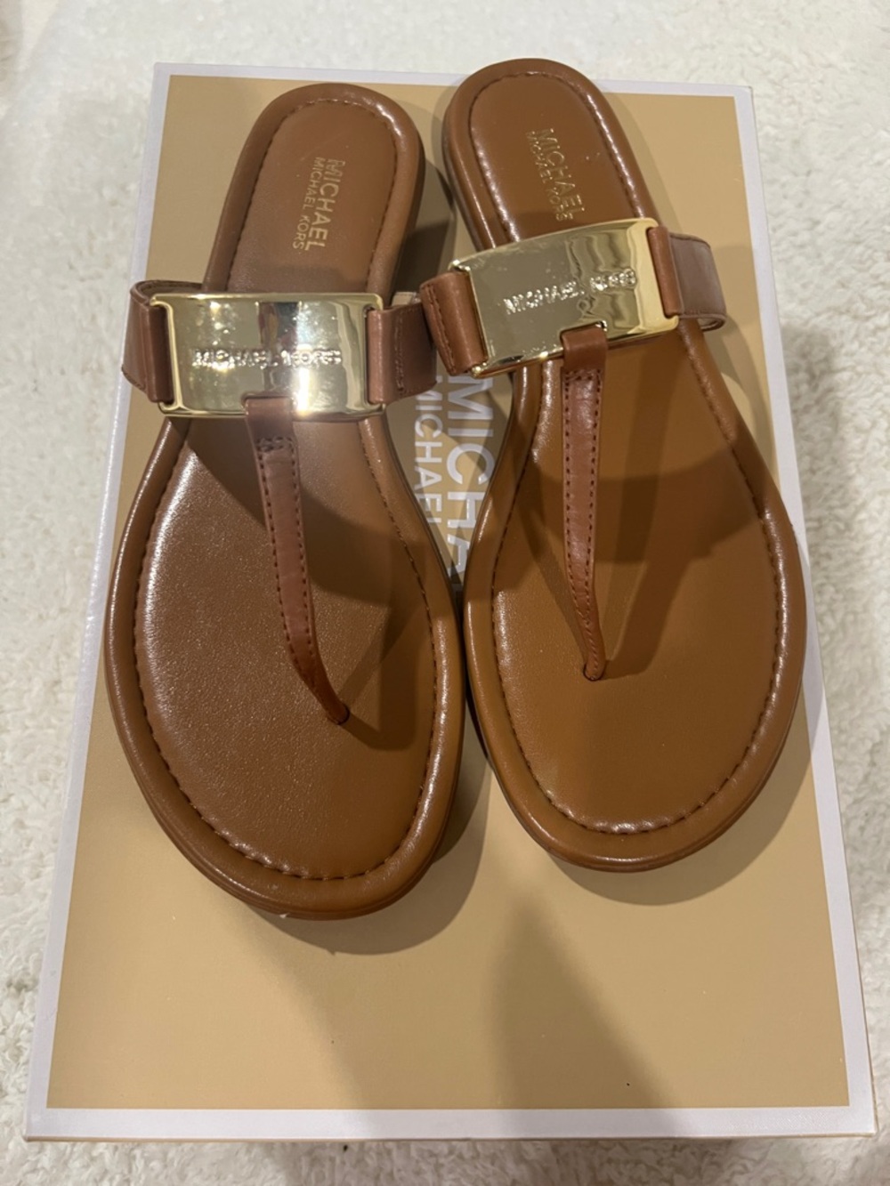 Michael Kors Tan Leather Thong Sandals with Gold Plaque